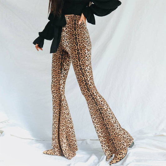 LEOPARD PRINT SLIM, HIGH-WAISTED FLARED PANTS