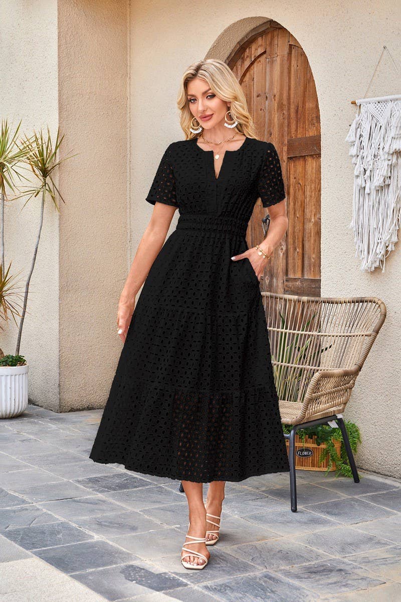 CWDMD6339_V-NECK HOLLOW EYELET PLEATED SHORT SLEEVE DRESS