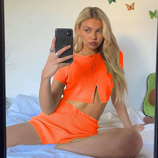 Sporty single-breasted cardigan and shorts set