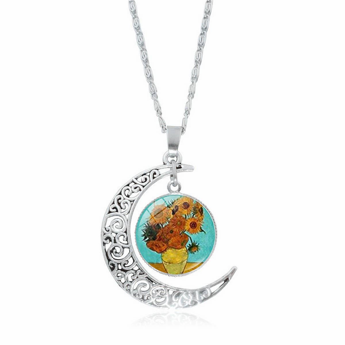HOLLOW OUT MOON GEM PENDANT NECKLACE
