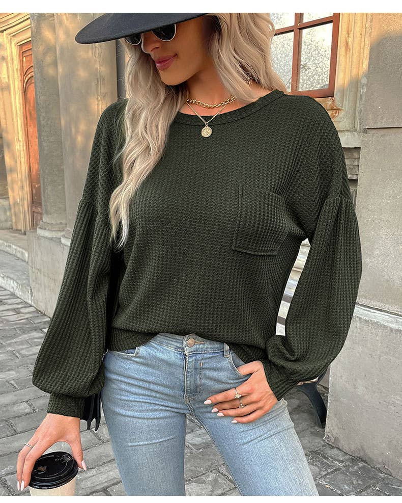 Lantern-shaped long-sleeved backless waffle top