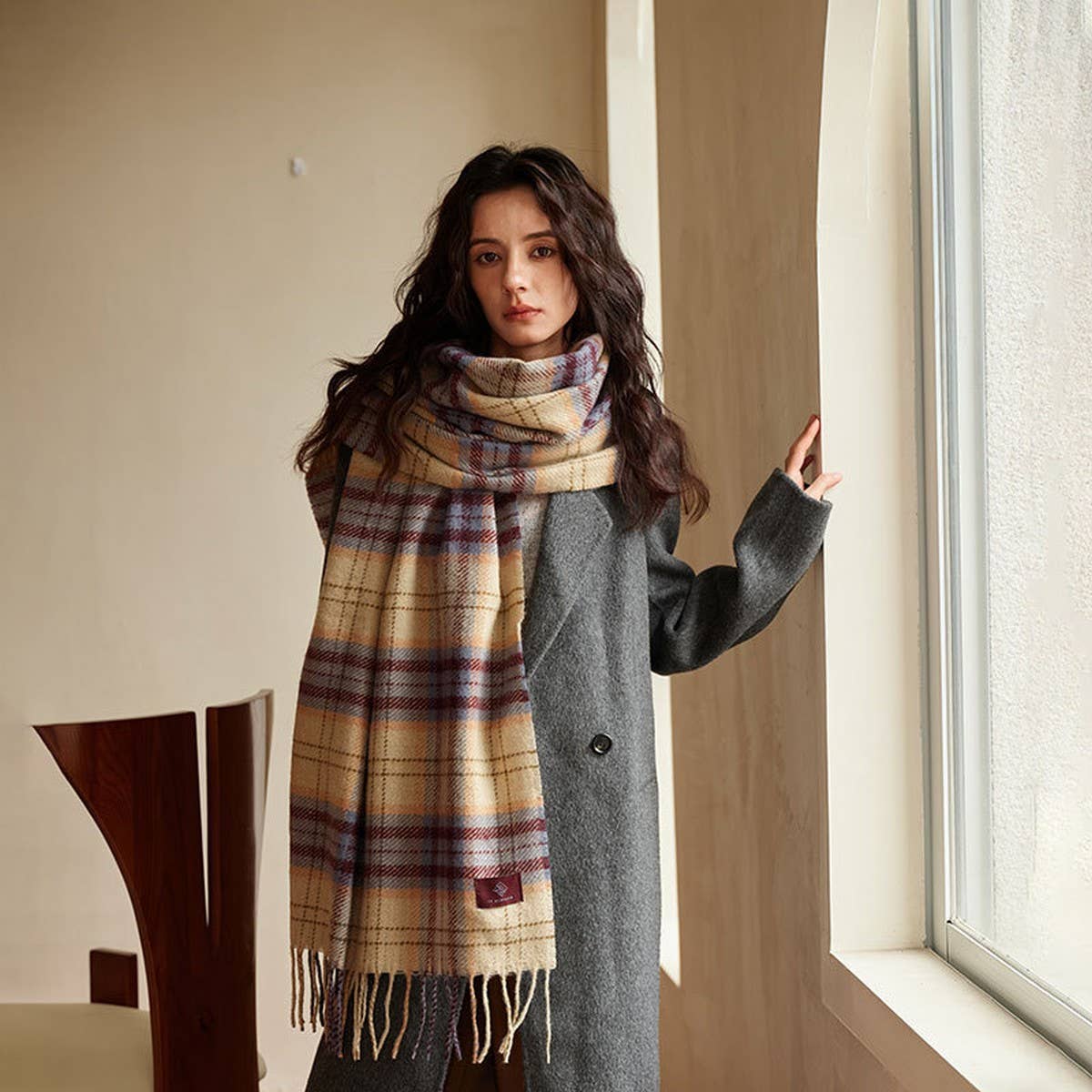 Plaid Wool Scarf for Women ??Cozy Winter Knit_CWASC2336