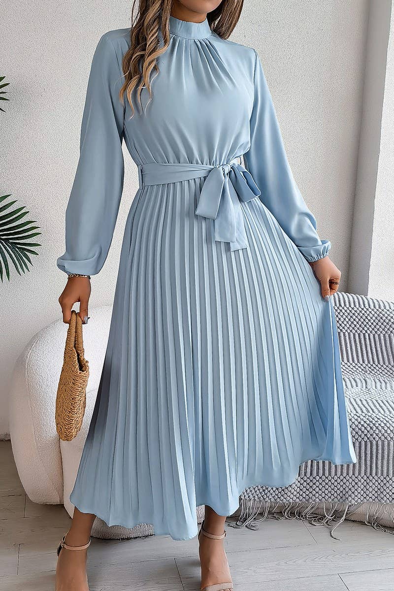 CWDMD3430_TIE STAND COLLAR PLEATED MAXI DRESS