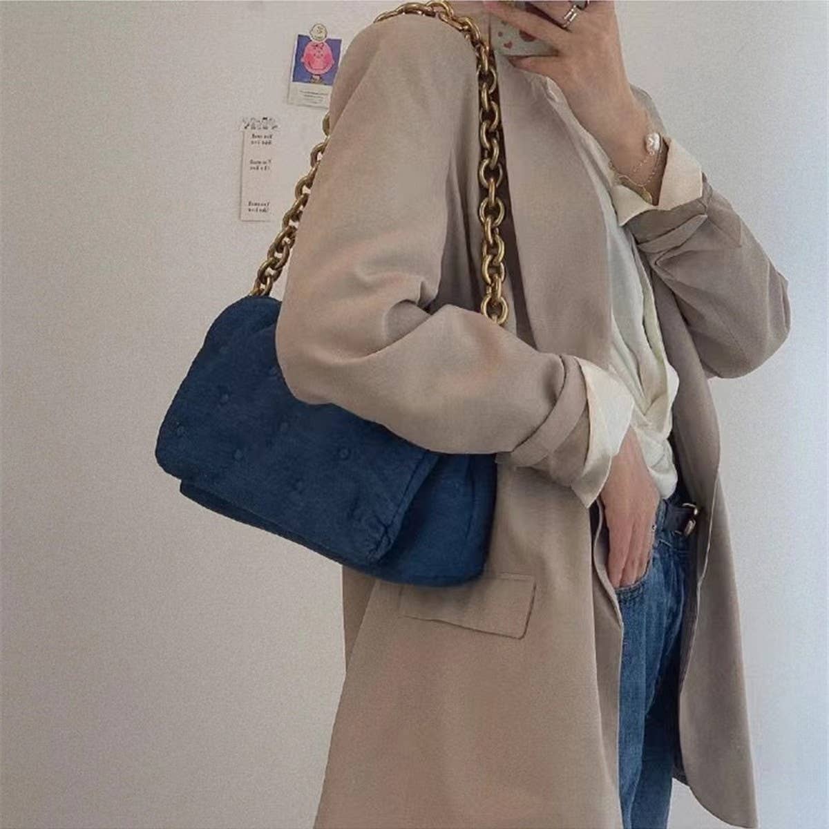 NEW FASHION BLUE DENIM CHAIN SHOULDER PILLOW BAG_CWAB3424