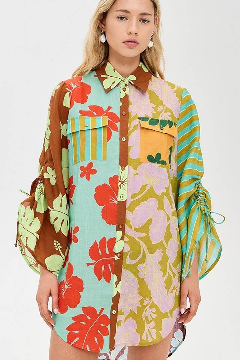 CWDSD8273_NEW CASUAL COLORBLOCK SLIT LONG SHIRT DRESS