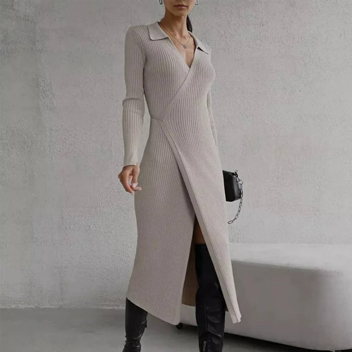 LACE-UP ONE-PIECE LONG-SLEEVED POLO NECK DRESS