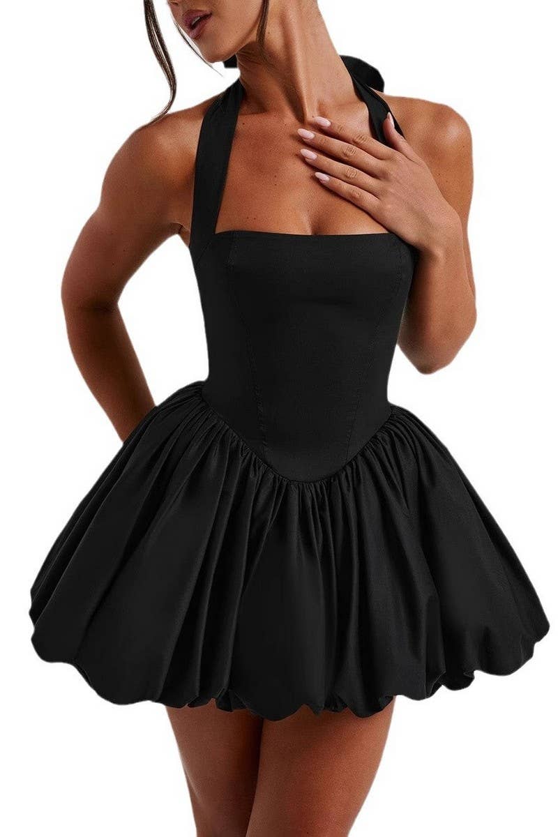 CWDHL0946_SEXY HALTER BOW TIE FIT AND FLARE MINI DRESS