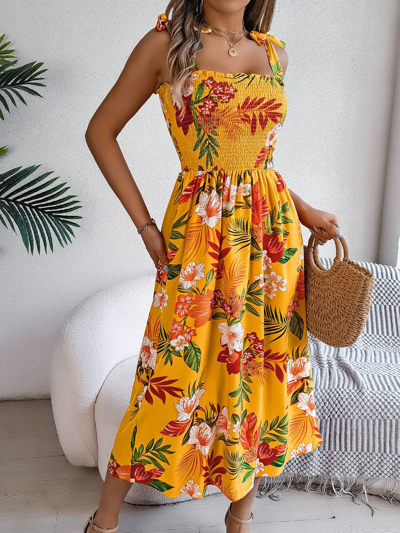 Printed lace-up halter dress Holiday beach dress