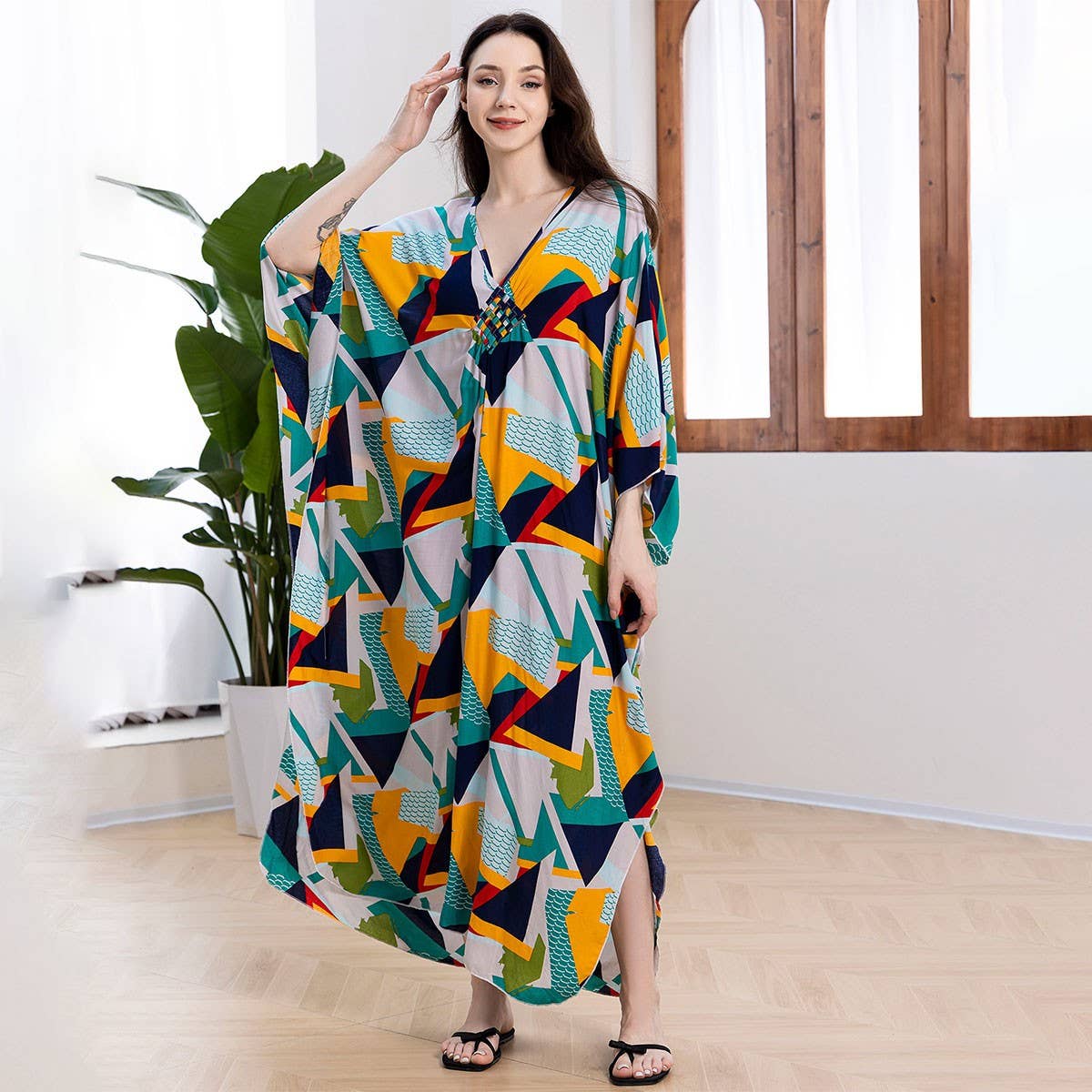 Cotton Print Geometric Beach Cover-Up Dress