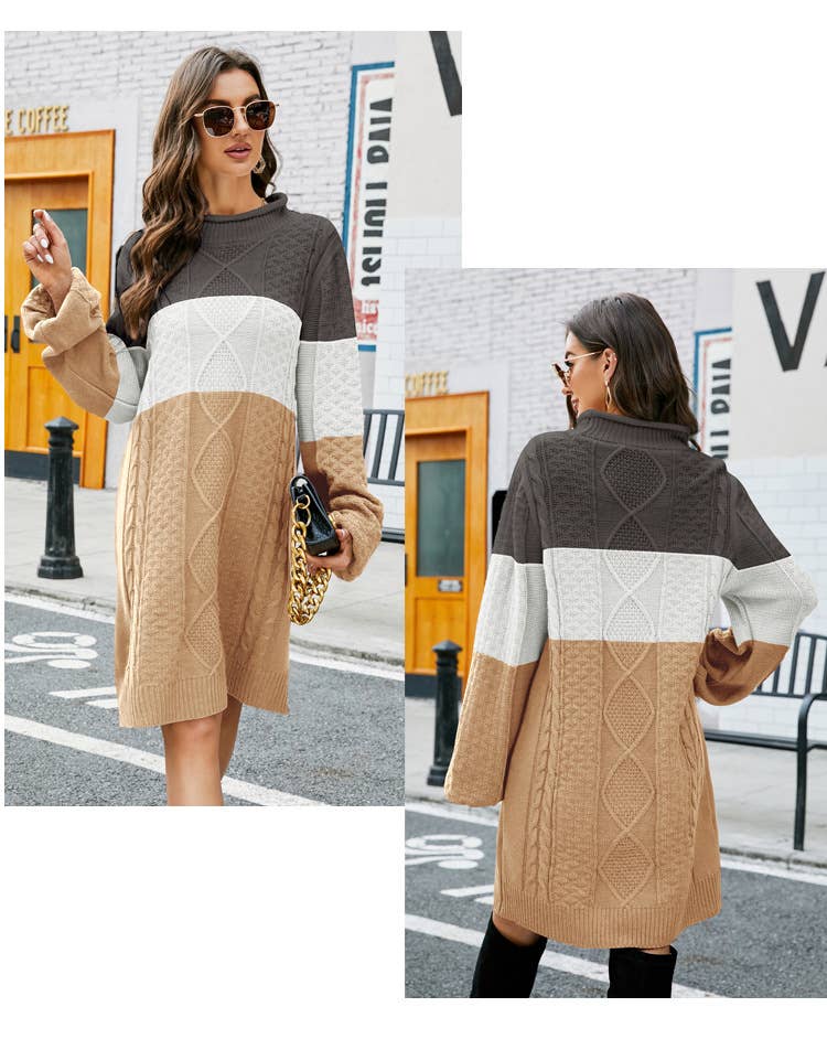 LONG SLEEVE SWEATER DRESS IN CONTRASTING COLORS