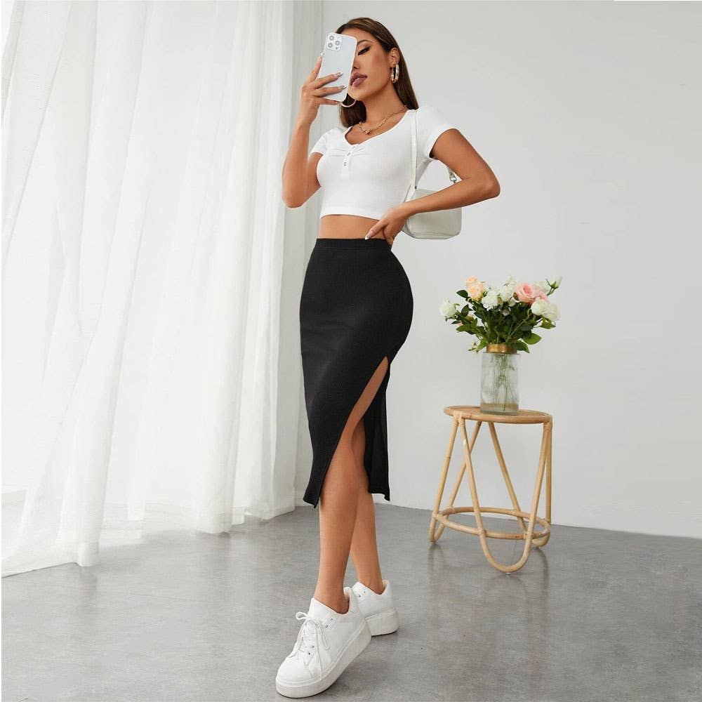 ELASTIC WAIST PACK AND HIP SLIT STRETCH SKIRT
