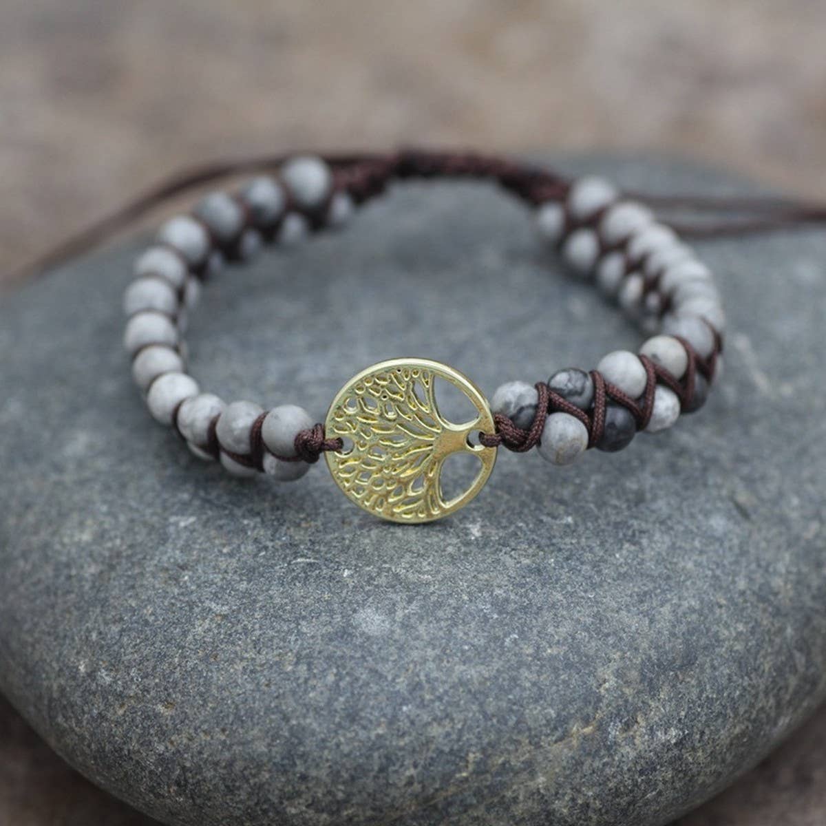 TREE SHAPED PENDANT NATURAL STONE WOVEN BRACELET