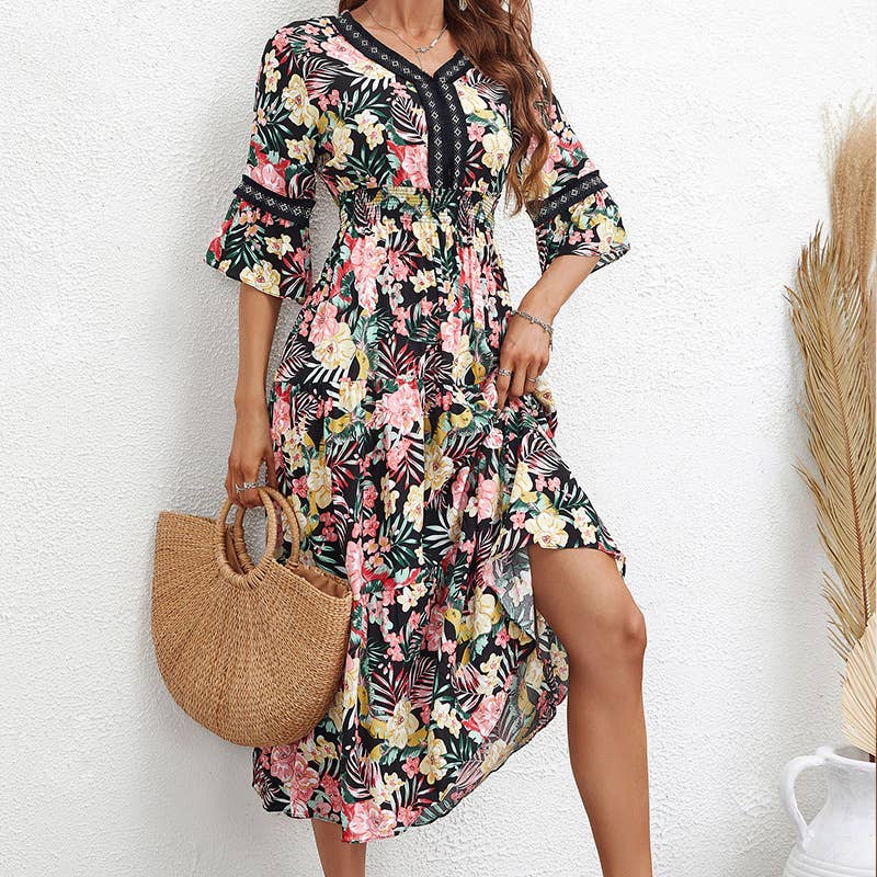 LONG V-NECK DRESS WITH SEVEN-POINT SLEEVES