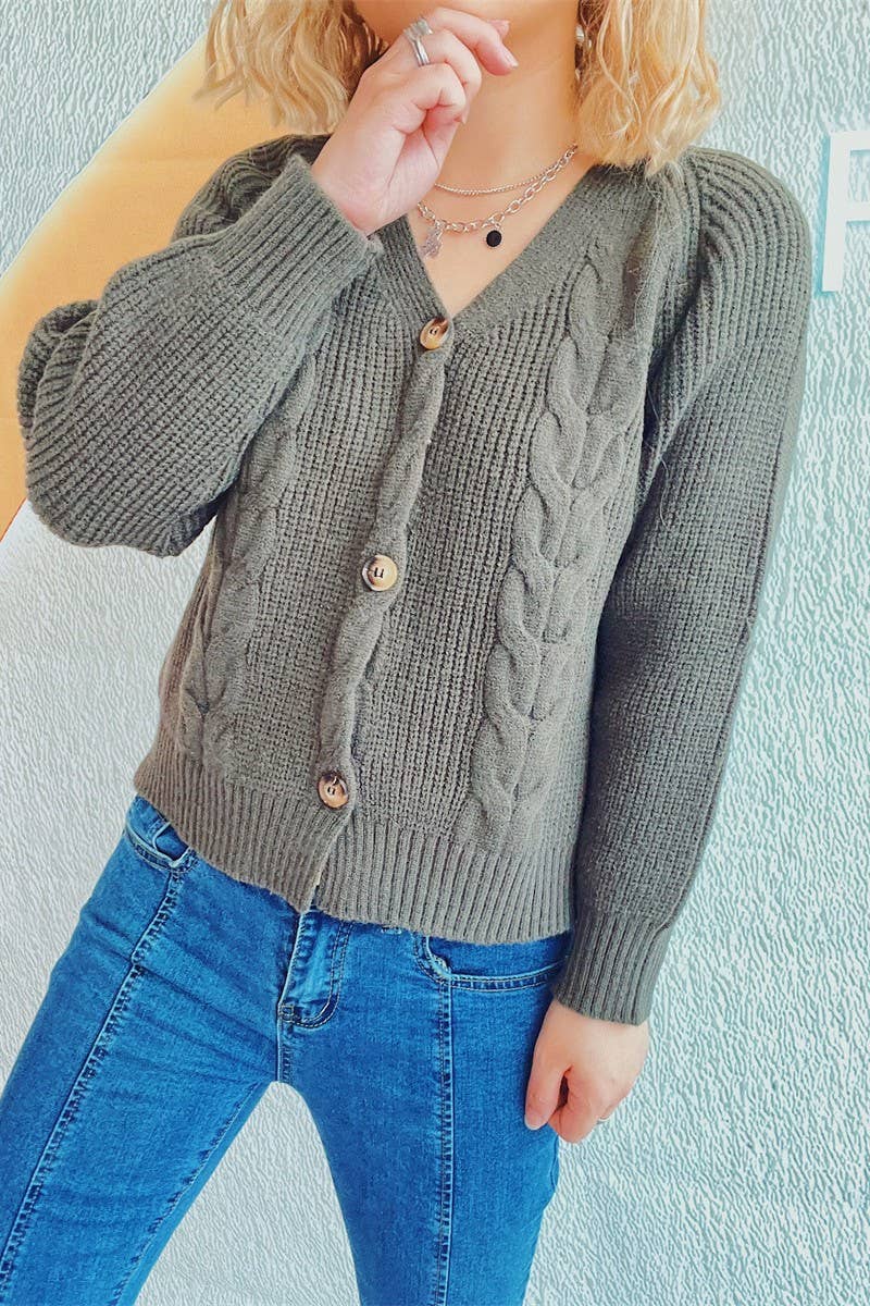 V-neck thick needle hemp flower short cardigan