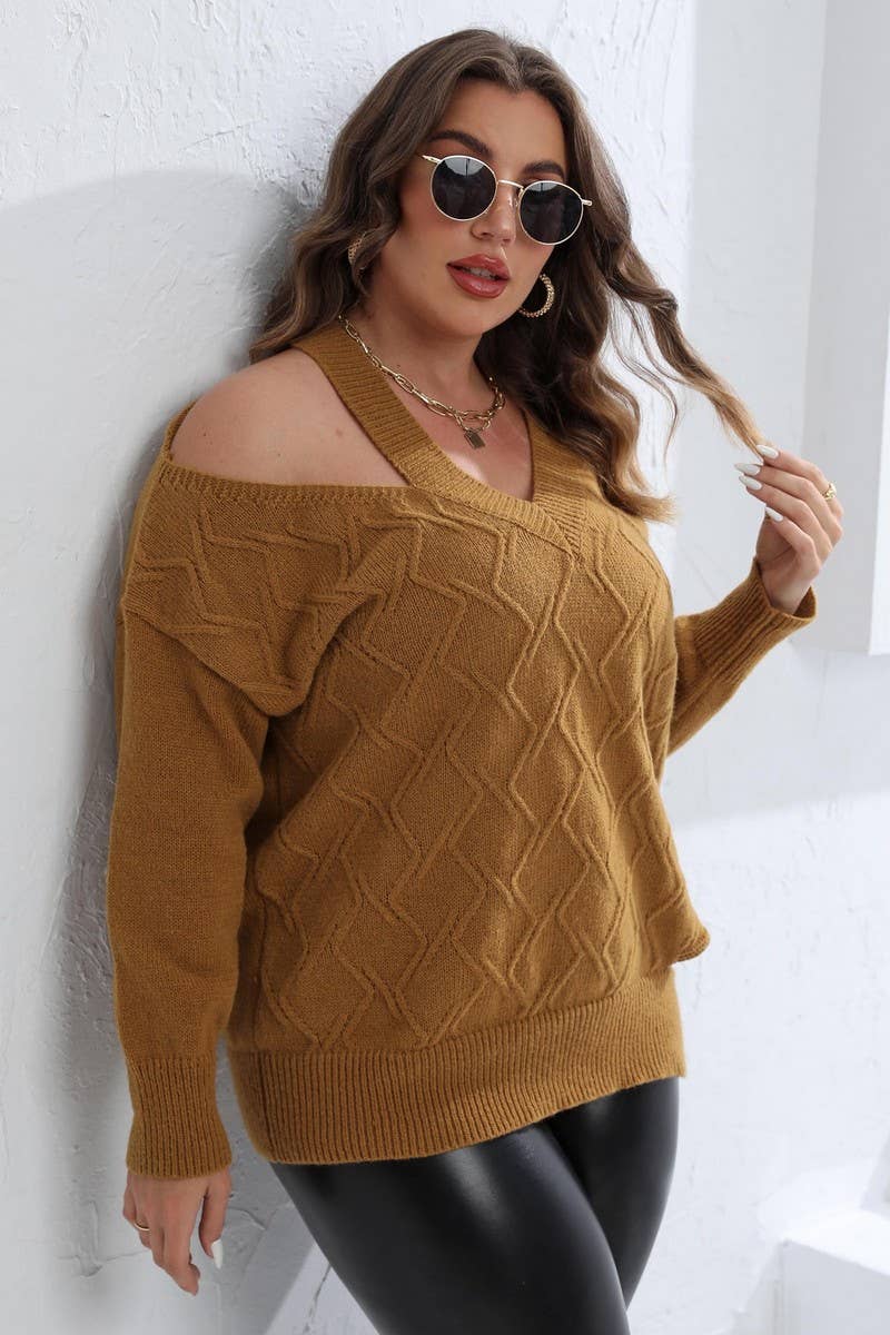 CWOSWL1571_PLUS Size V-Neck Long Sleeve Pullover Sweater