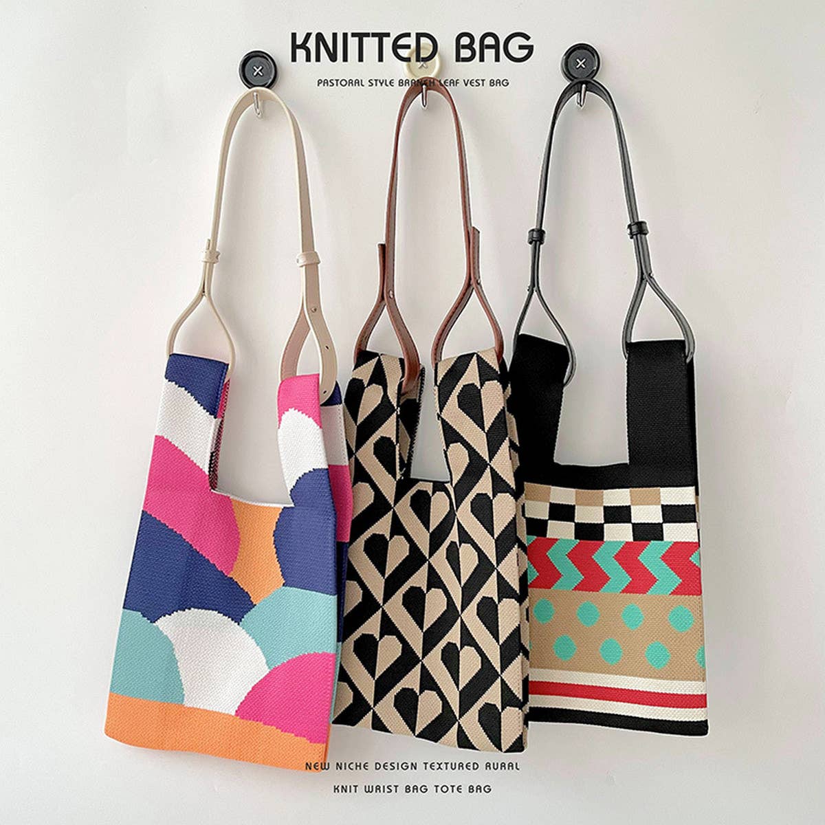 COLOR BLOCK POLKA DOT KNITTED SHOULDER TOTE BAG_CWAB1500