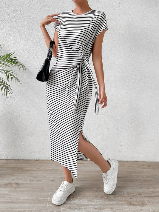 Striped slim-fit waist slimming round neck dress