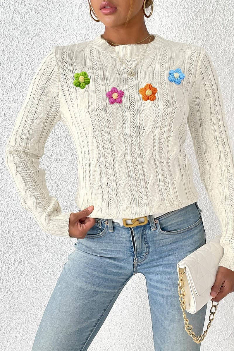 CWOSWL07409_WOMEN ROUND NECK KNIT SWEATER CROCHET PATCHWORK