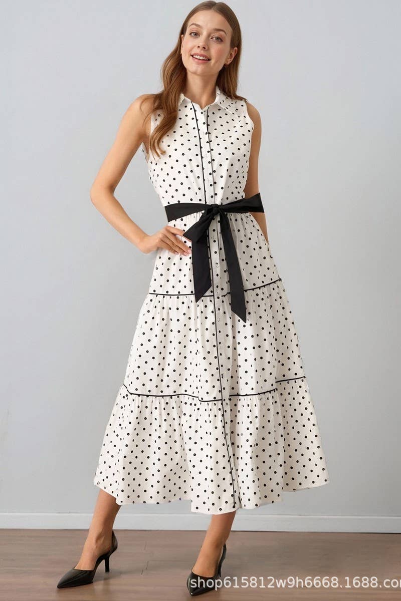 CWDMD6435_SLEEVELESS POLKA DOT TIE WAIST COLLAR DRESS