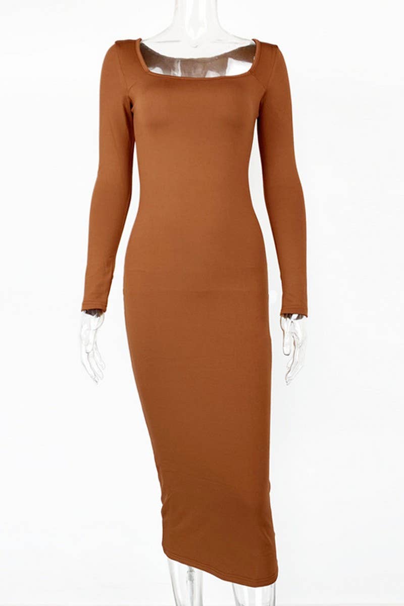 CWDMD4902_SOLID COLOR SLIM SQUARE NECK LONG SLEEVE DRESS