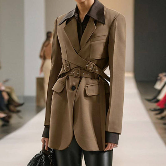 Chic Spring Tie Waist Mid-Length Blazer Jacket