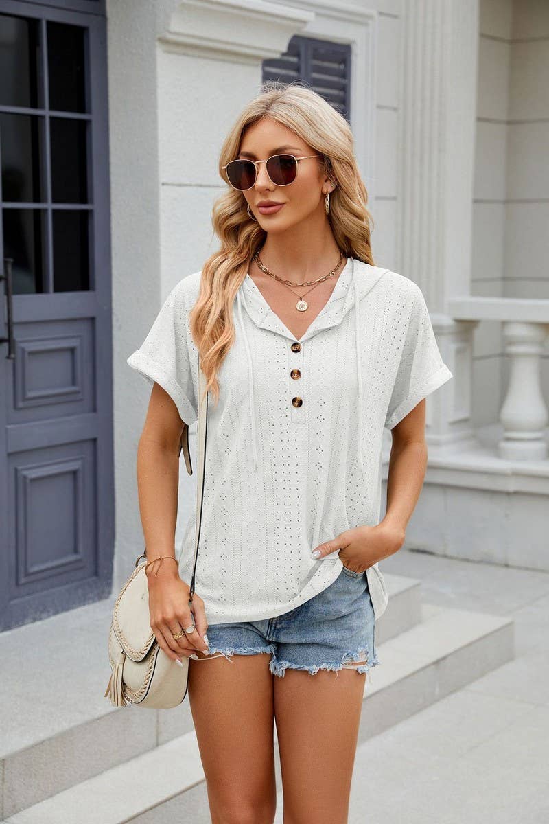 CWOHOS0015_Button Neck Short Sleeve Hoodi Knit Top