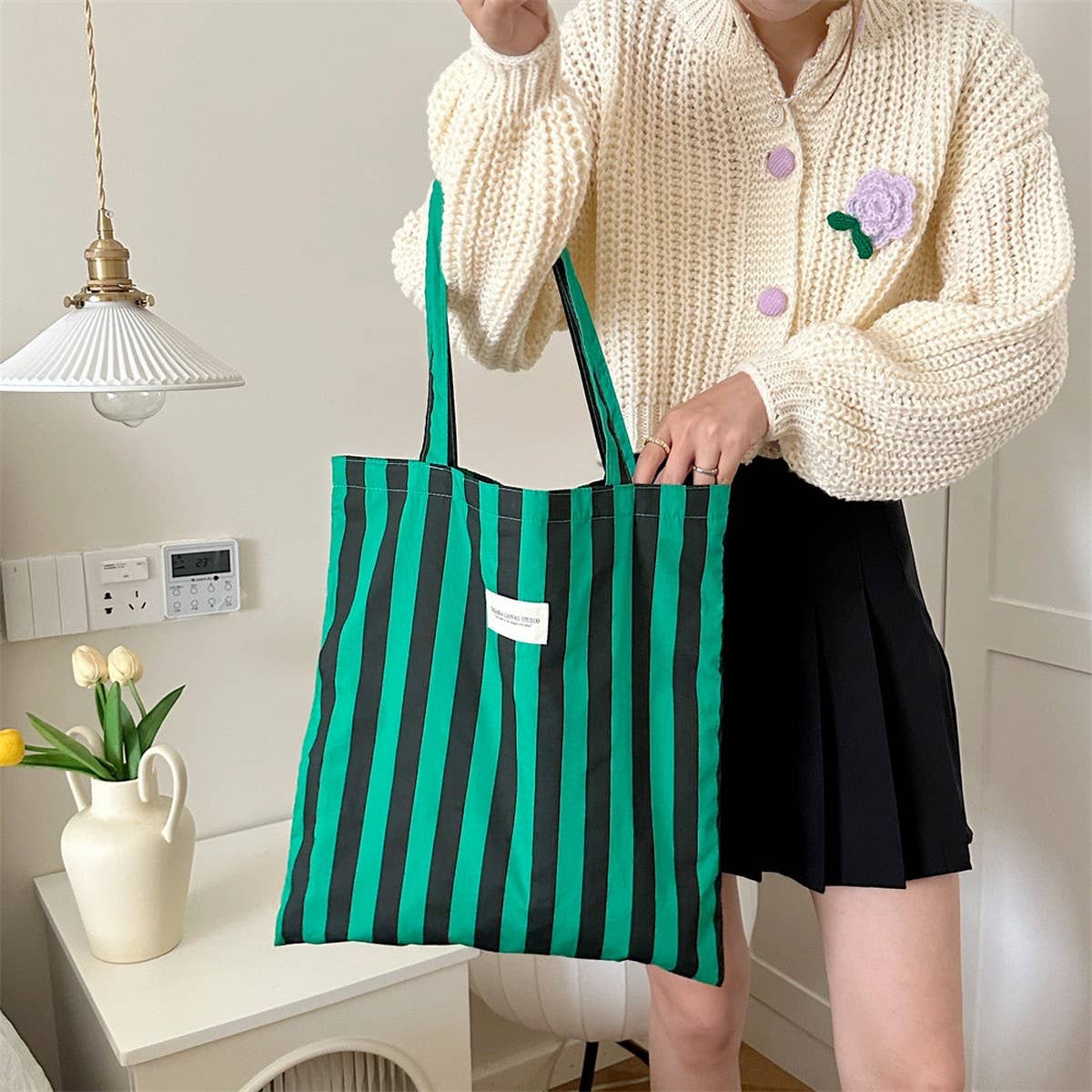 CWAB5814_FASHION STRIPED LARGE CAPACITY SIMPLE CANVAS BAG