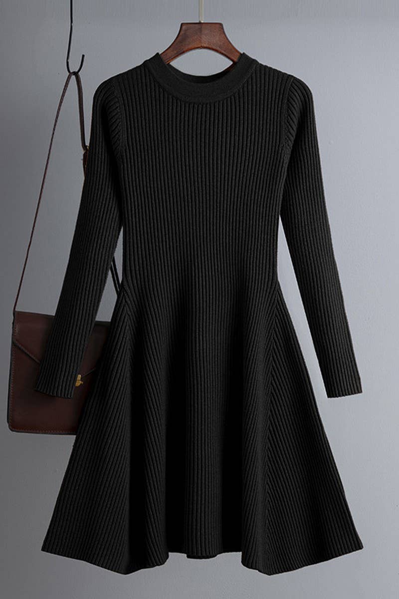CWDSD10804_SOLID KNIT LONG SLEEVE A-LINE BODYCON DRESS