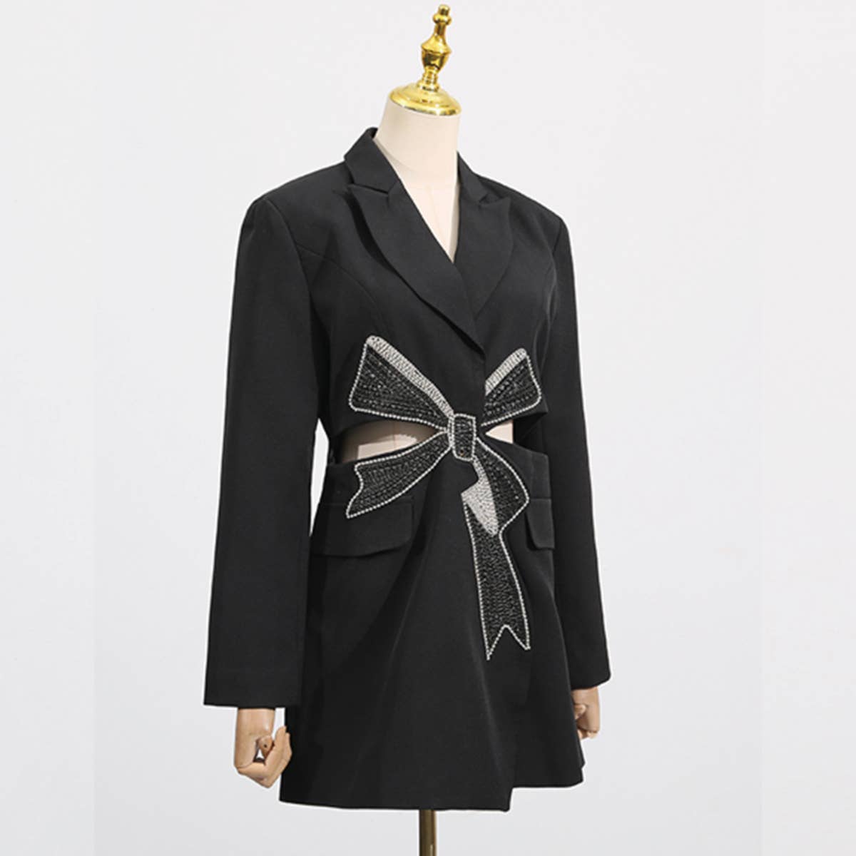 Elegant Beaded Bow Waist-Cut Blazer Jacket
