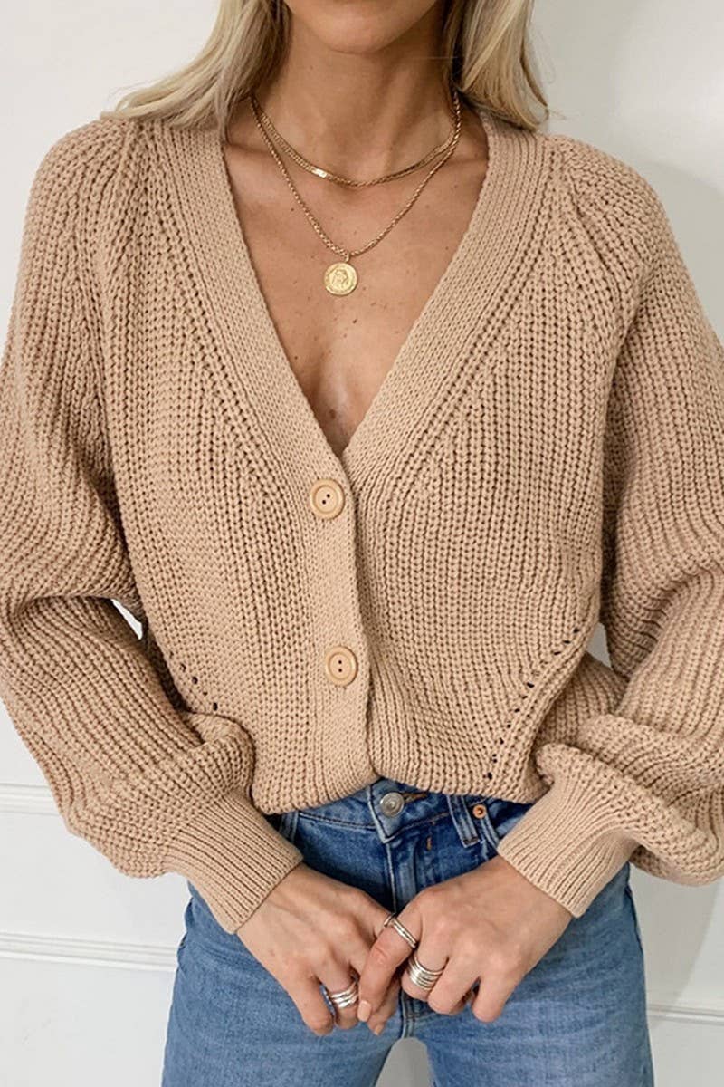 Solid color V-neck lantern sleeve button knit cardigan