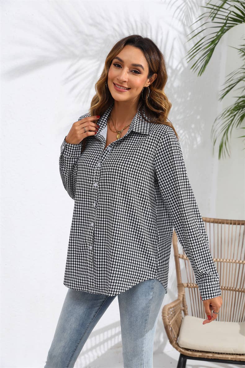 Lapel checked loose casual long-sleeved shirt