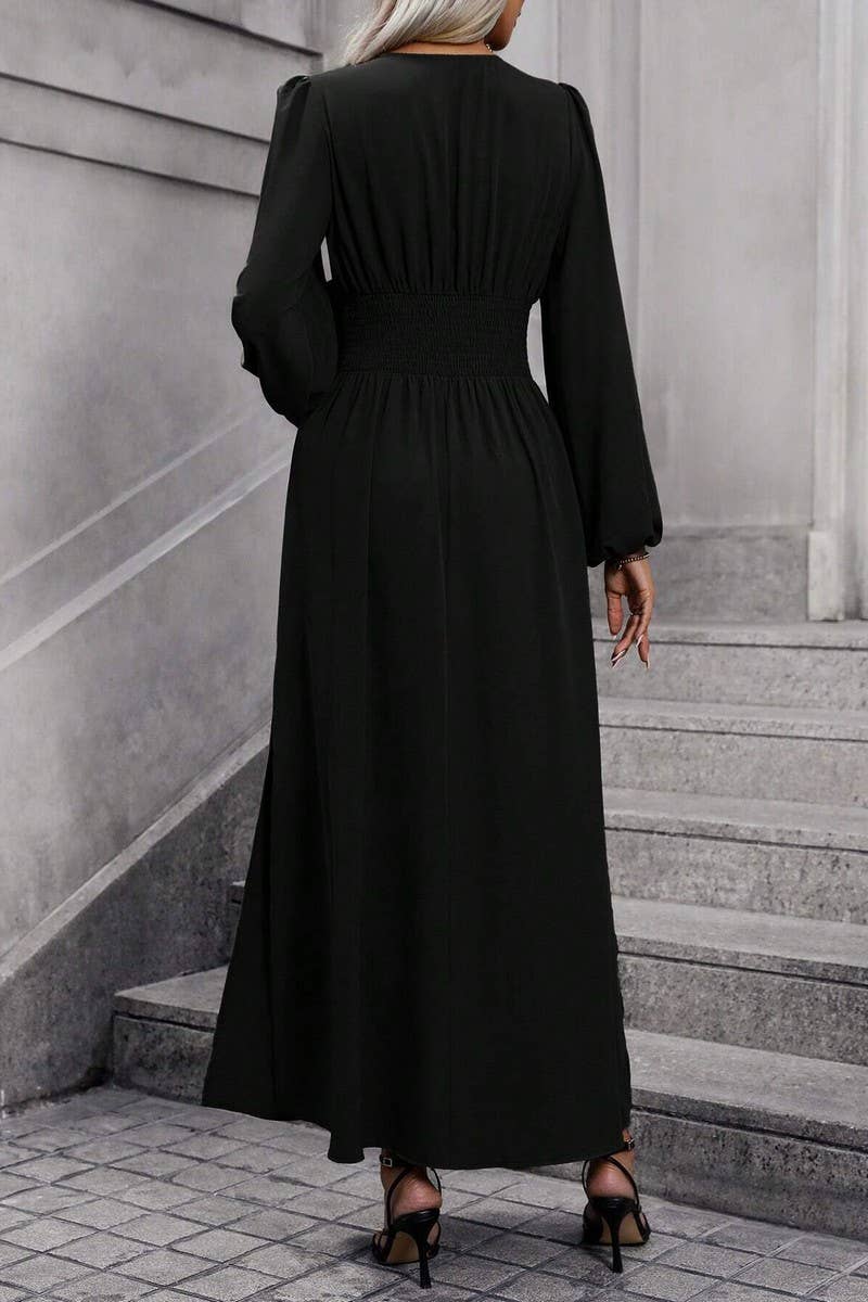 CWDMD3950_V-NECK LANTERN SLEEVES HIGH SLIT DRESS