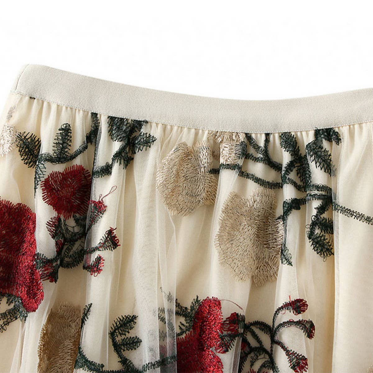 Vintage Floral Embroidered Tulle Midi Skirt