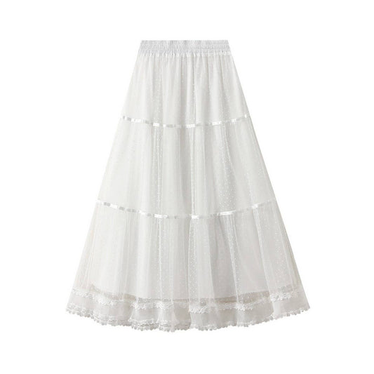 Lace Ruffle Trim Polka Dot Tulle Skirt