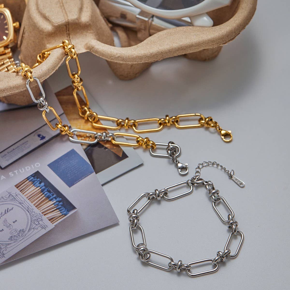 18K Gold Silver Two-Tone Cross Chain Bracelet_CWAJE4737