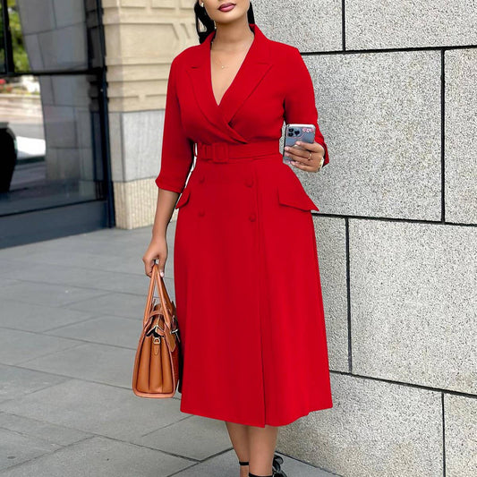DOUBLE BREASTED SUIT COLLAR SOLID COLOR DRESS