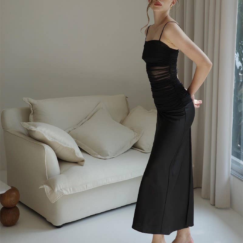 Sheer mesh high slit strapless bodycon maxi dress