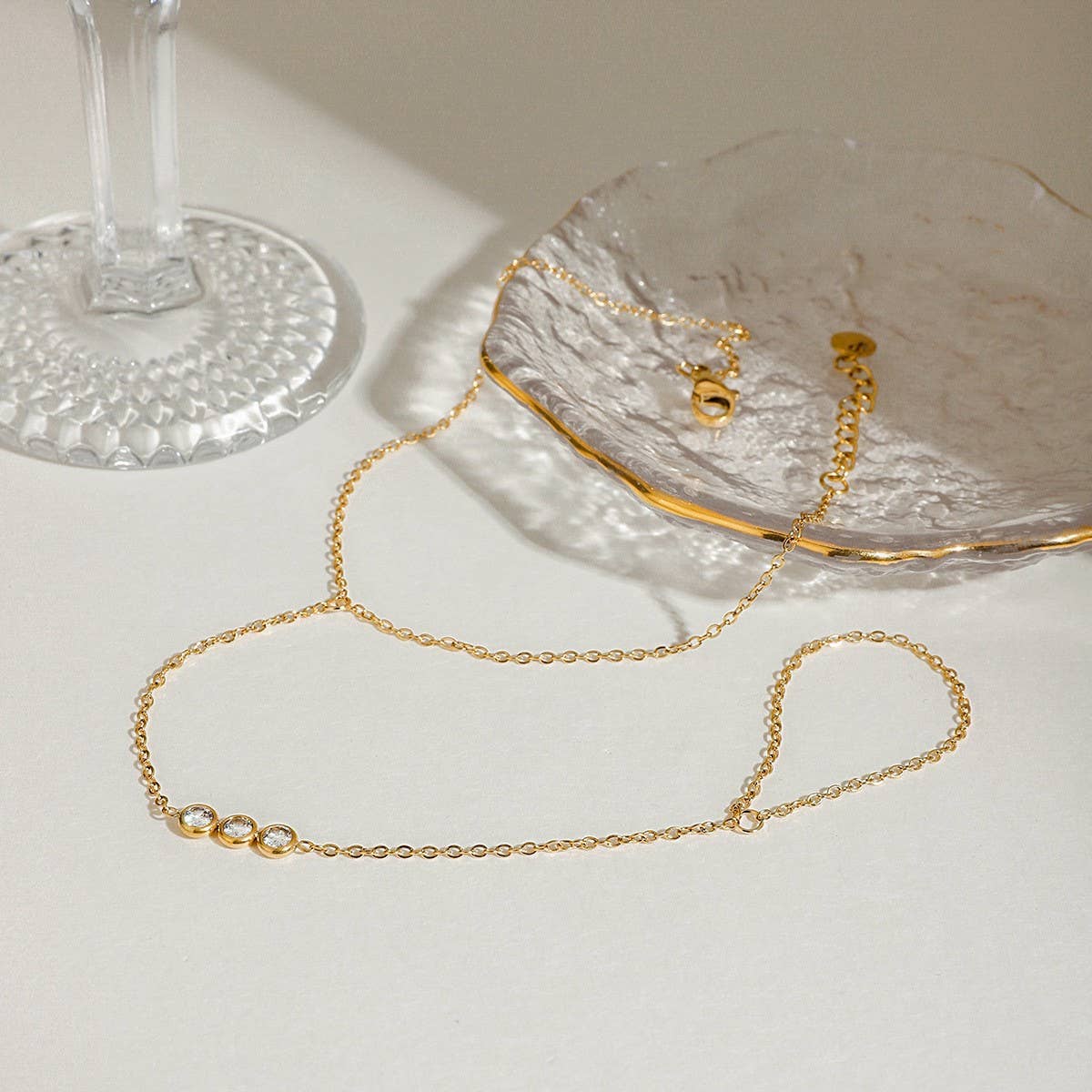 Trendy Triple Zircon Ring & Anklet, 18K Gold Steel