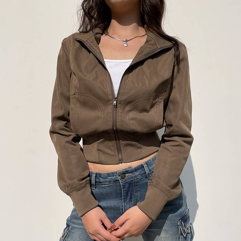 Waist-cinching zipper stand-up collar jacket