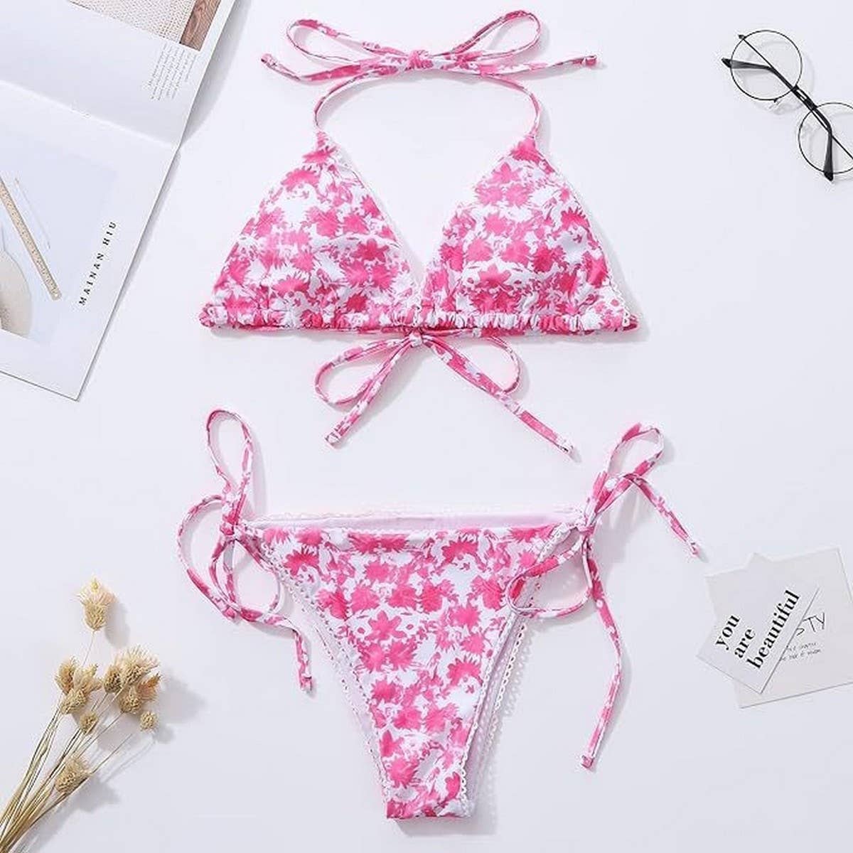 FLORAL DEEP V PUSH-UP BIKINI TWO-PIECE SWIMSUIT