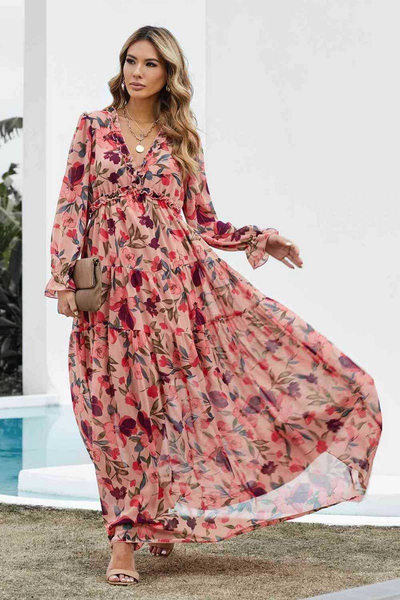 CWDMD6397_V-NECK FLORAL BOHEMIAN HIGH WAIST DRESS