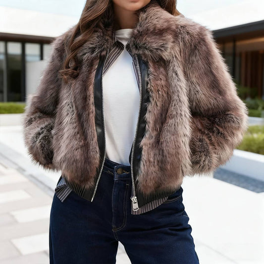 Lapel long-sleeved faux fur patchwork jacket