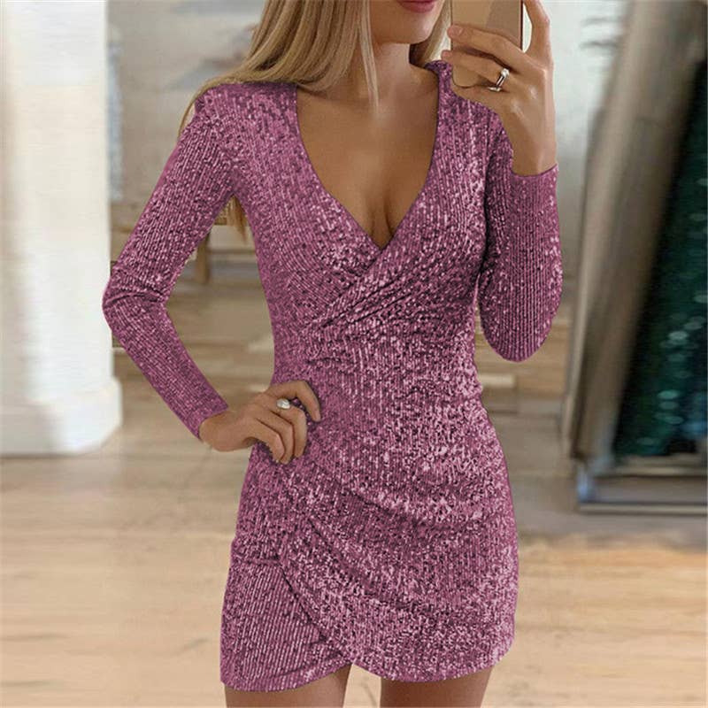 Sexy V-neck,hip-hugging,irregular sequined dress