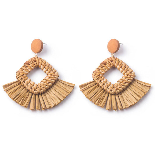 Hand-woven geometric rattan raffia earrings
