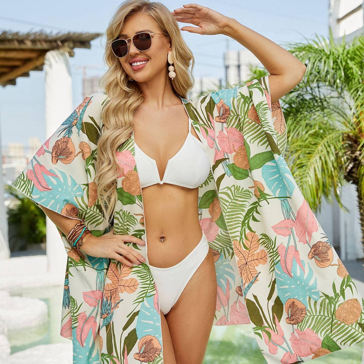 LEAVES FLOWERS PRINT FRONT OPEN KIMONO SUMMER