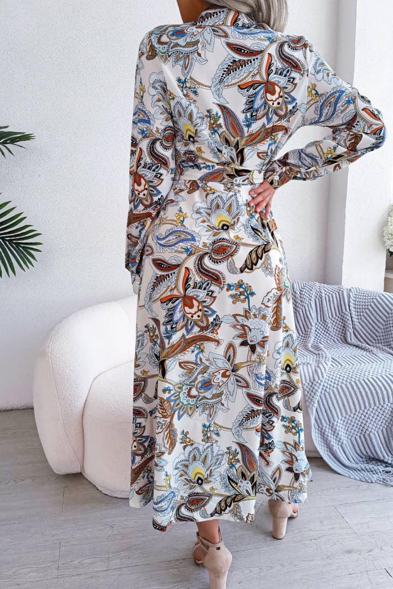 CWDMD2651_VINTAGE FLORAL LAPEL LACE-UP SHIRT LONG DRESS