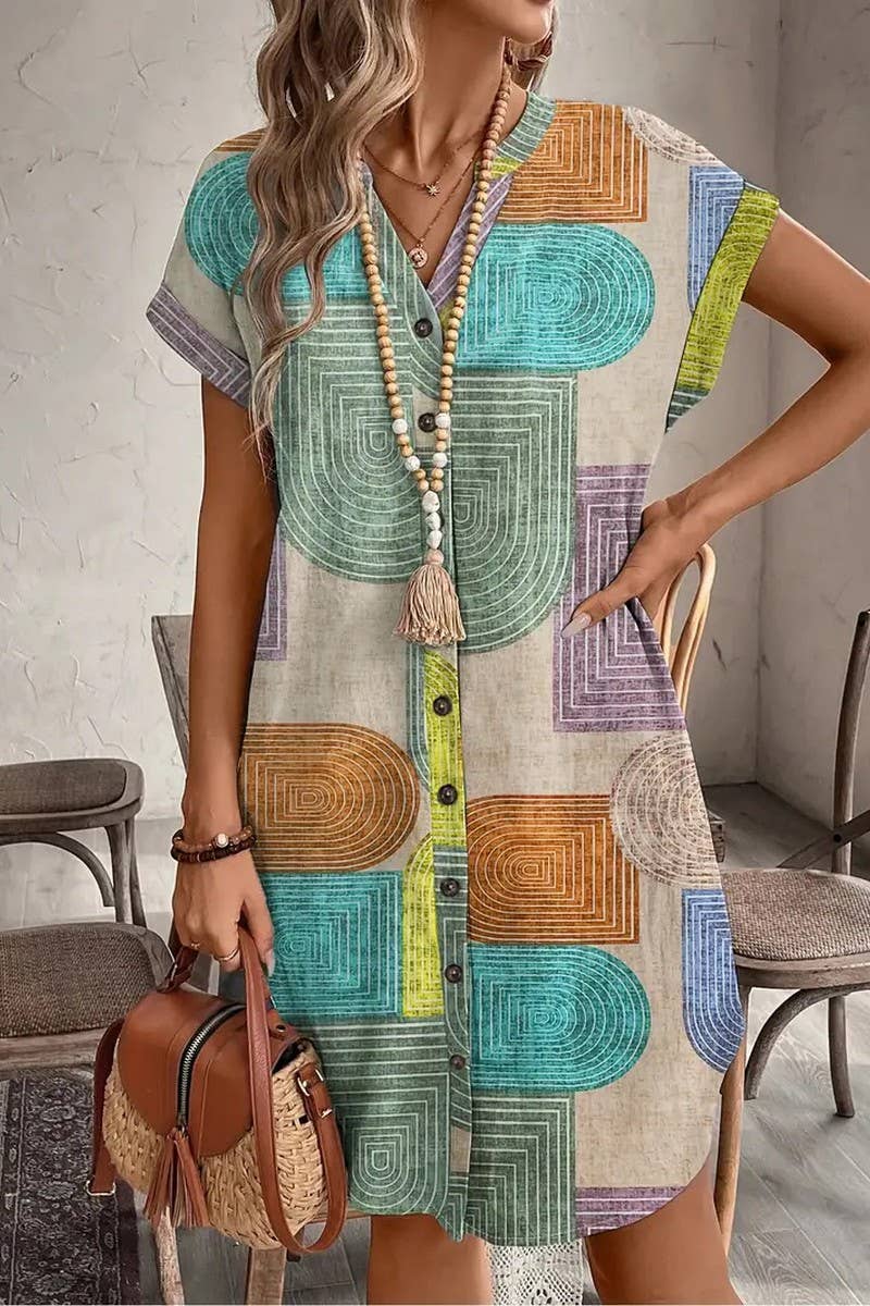 CWDSD8107_SUMMER PRINT ELEGANT V NECK BUTTON DRESS