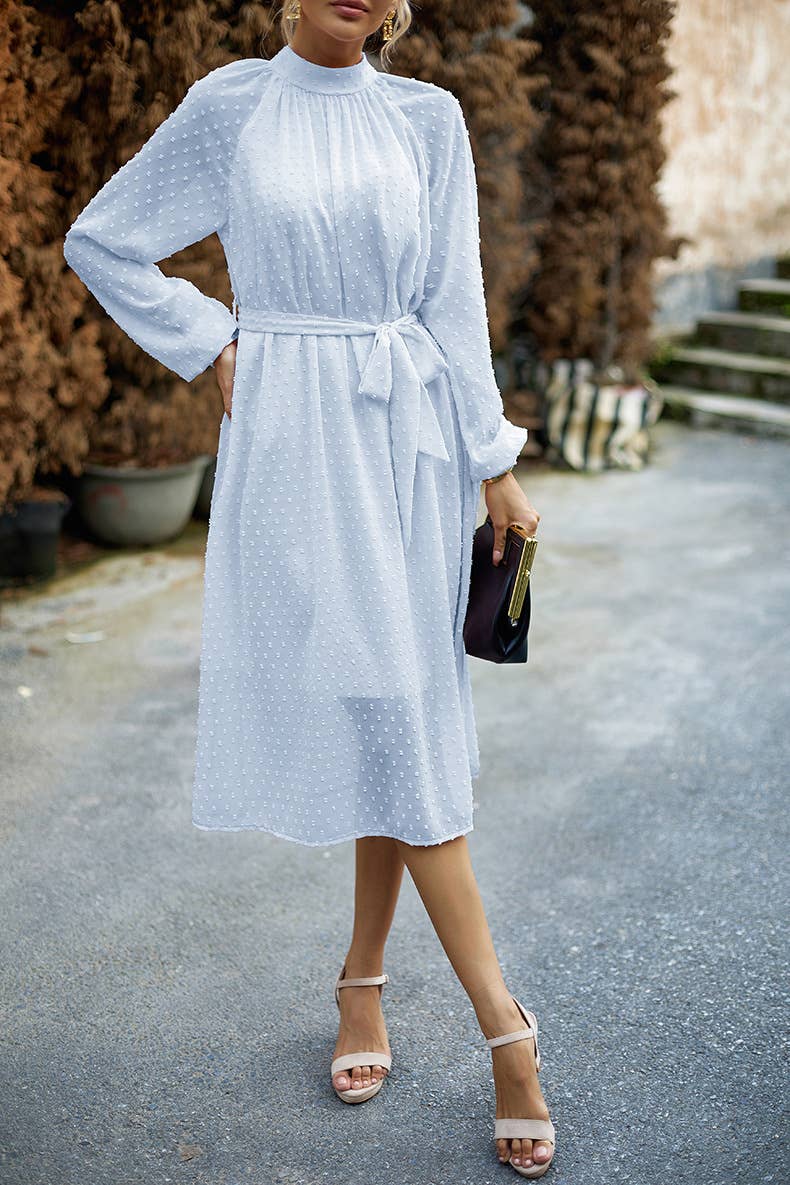 JACQUARD MESH LACE-UP WAIST ROUND NECK LONG DRESS