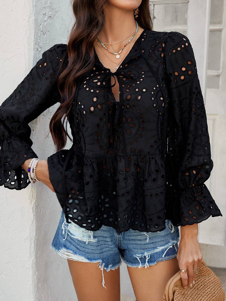 Solid color hollow leisure loose lace-up cardigan