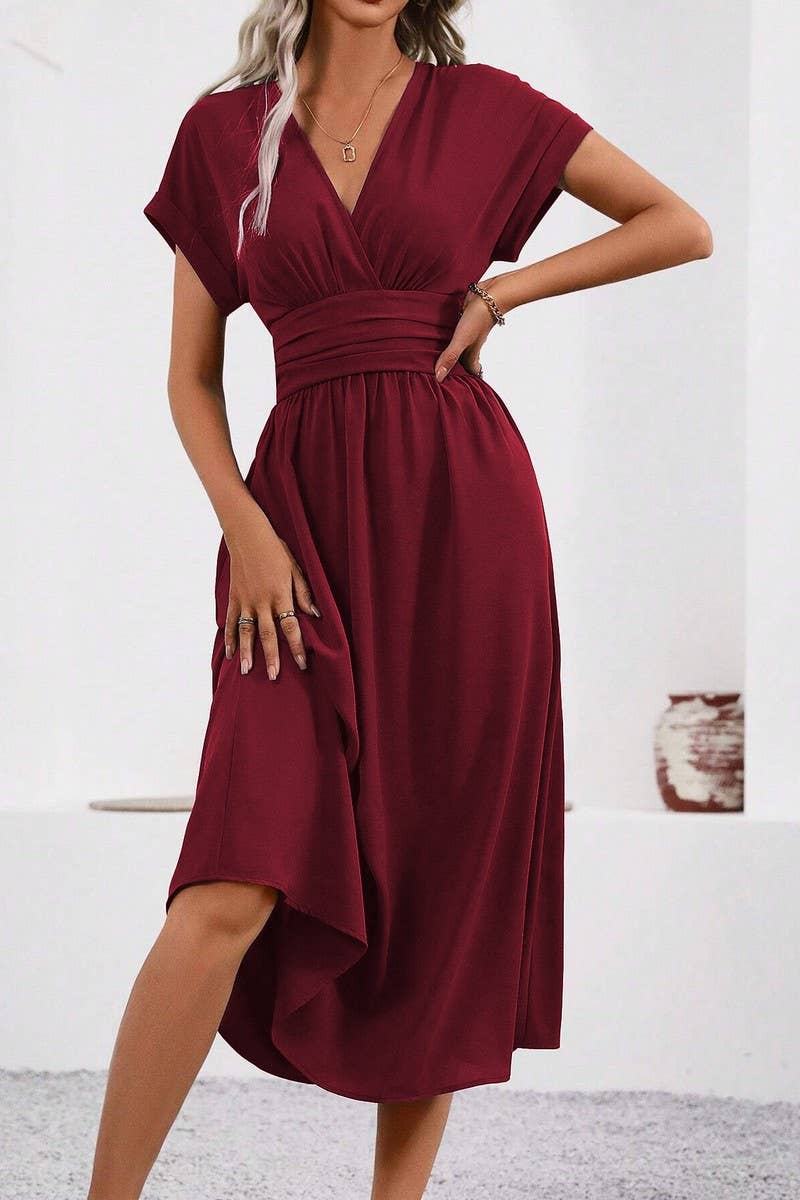 CWDMD4648_SOLID COLOR V-NECK BAT SLEEVE LONG DRESS